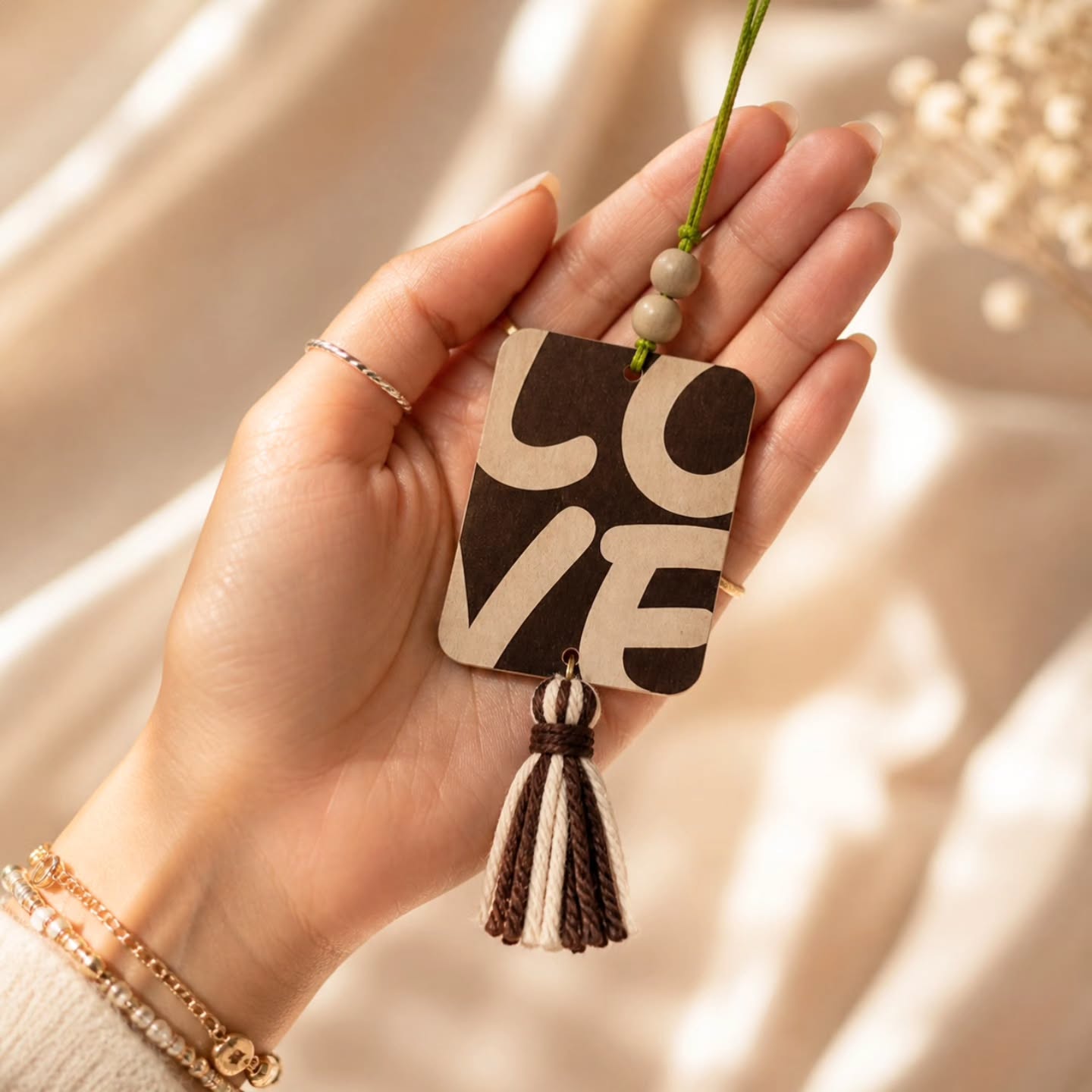 LOVE Wooden Car Charm with tassel